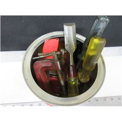 Assorted Tools / chisels,c-clamps, screwdrivers, utility knifes and more