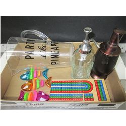 Bundle of Assorted items / Crib Board - Soap Dispensors - Picher and fish toys