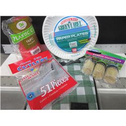 New lot of Camping / Picnic Supplies / 100 plates , table cloth , cups , cutlery