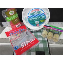New lot of Camping / Picnic Supplies / 100 plates , table cloth , cups , cutlery