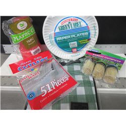 New lot of Camping / Picnic Supplies / 100 plates , table cloth , cups , cutlery