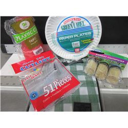 New lot of Camping / Picnic Supplies / 100 plates , table cloth , cups , cutlery