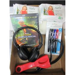 Flat of Assorted items / new Thor Ragnarok Dvd , headphones , markers etc.