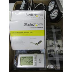 Flat of Assorted Electronics / sound cards , in/outdoor thermometer headphones