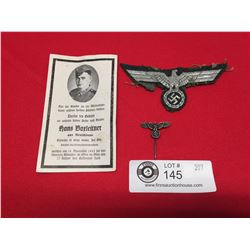 World War 2 Breast Eagle of Uniform Plus pin and Memorial Paper