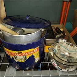 LOT OF POTS, GLASS MIXING BOWLS, AND KITCHEN UTENSILS