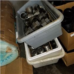 3 TUBS OF IRON PLUGS, ADAPTER, AND ELBOW FITTINGS