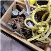 Image 2 : WOOD BOX OF ROPE AND CHAIN W/ COME ALONG AND DOUBLE HEADED AXE