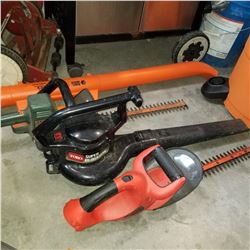 2 HEDGE TRIMMERS, TORO LEAF BLOWER AND BLACK AND DECKER SWEEP STICK CORDLESS BROOM