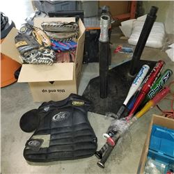 BASEBALL BATS, BATTING TEES AND BOX OF GEAR