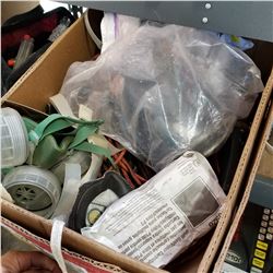 BOX OF SHOP SUPPLOES W/ EXTENSION CORDS AND MASKS