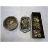 Image 1 : SILVER TRAY W/VINTAGE JEWELRY AND ROUND SOAP STONE DISH W/VINTAGE JEWELRY AND BLACK TRAY WITH PINS W