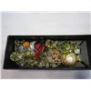 Image 2 : SILVER TRAY W/VINTAGE JEWELRY AND ROUND SOAP STONE DISH W/VINTAGE JEWELRY AND BLACK TRAY WITH PINS W