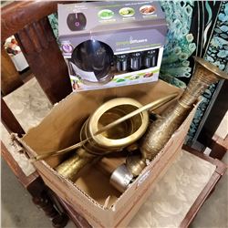 BOX OF BRASSWARE, VASES AND SIMPLY DIFFUSERS AROMATHERAPY