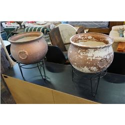 2 CERAMIC PLANTERS W/ METAL STANDS