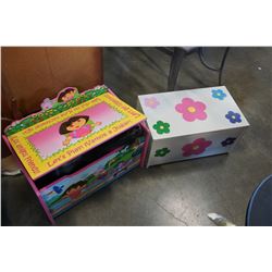 2 TOY BOXES DORA AND FLOWERED W/ BLACK PLASTIC HORSE