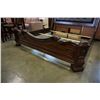 Image 2 : ASHLEY FLOOR MODEL KINGSIZE DARK CARVED SLEIGH BEDFRAME WITH BROWN LEATHER TUFTED INSERT, RETAIL $28