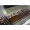 Image 3 : ASHLEY FLOOR MODEL KINGSIZE DARK CARVED SLEIGH BEDFRAME WITH BROWN LEATHER TUFTED INSERT, RETAIL $28