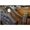Image 4 : ASHLEY FLOOR MODEL KINGSIZE DARK CARVED SLEIGH BEDFRAME WITH BROWN LEATHER TUFTED INSERT, RETAIL $28