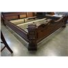 Image 7 : ASHLEY FLOOR MODEL KINGSIZE DARK CARVED SLEIGH BEDFRAME WITH BROWN LEATHER TUFTED INSERT, RETAIL $28