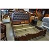 Image 8 : ASHLEY FLOOR MODEL KINGSIZE DARK CARVED SLEIGH BEDFRAME WITH BROWN LEATHER TUFTED INSERT, RETAIL $28