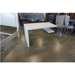 ASHLEY FLOOR MODEL WHITE AND GLASS MODERN DESK, WITH WOODEN CHAIR, RETAIL $699