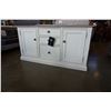 Image 2 : ASHLEY FLOOR MODEL WHITE SERVING CABINET WITH NATURAL WOIOD TOP, AND POWER/USB OUTLETS, RETAIL $1899
