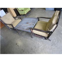 2 LOW ROCKING METAL PATIO CHAIRS AND METAL PATIO TABLE