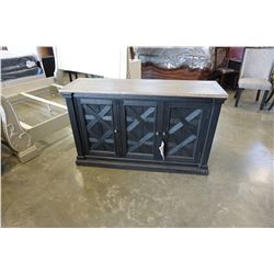 ASHLEY FLOOR MODEL NATURAL WOOD TOP FARMHOUSE SERVING CABINET, WITH 3 DOORS, RETAIL $1899