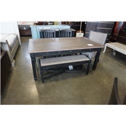 ASHLEY FLOOR MODEL FARMHOUSE DINING TABLE WITH UPOHOLSTERED BENCH, 3 MATCHING SIDE CHAIRS, 6 STORAGE