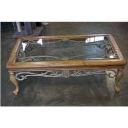 METAL AND WOOD GLASSTOP COFFEE TABLE