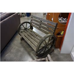 LARGE WOODEN WAGON WHEEL GARDEN BENCH - NEEDS SOME REPAIR