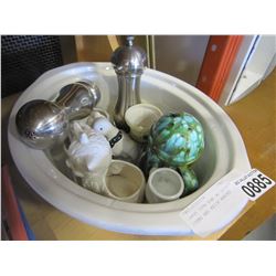 LARGE OVEN BOWL W/ ESTATE ITEMS AND KNICK KNACKS