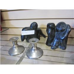 2 SOAP STONE FIGURES AND 2 CANDLE HOLDERS