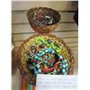 Image 1 : COPPER POT WITH LONG CHAIN AND GLASS BEADS AND RATTAN BOWL W/TURQUOISE BEADED JEWELRY AND CINNIBAR A