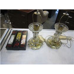 PAIR OF VINTAGE GLASS LAMPS AND 3 ART SCROLLS IN BOX