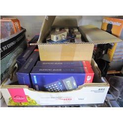 BOX OF NEW CALCULATORS AND 3 OUTLET WALL ADAPTERS