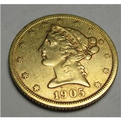 1905 S $5 FIVE Gold Liberty Half Eagle