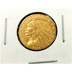 1914 D $2.5 Gold Indian in 2 x 2 XF AU