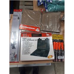 DRILL ACCESSORY SET, CHISEL SET, BLOW GUN AND SANDPAPER