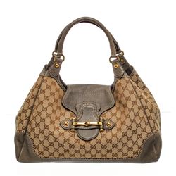 Gucci Beige Brown GG Canvas Gray Leather Trim New Pelham Hobo Bag