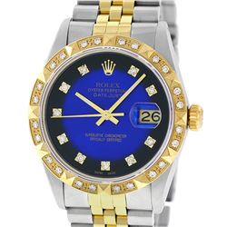 Rolex Mens 2 Tone 14K Blue Vignette String Pyramid Diamond Datejust Wristwatch