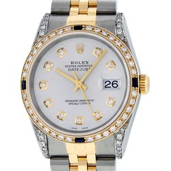 Rolex Mens 2 Tone 14K Lugs Silver Diamond & Sapphire 36MM Datejust