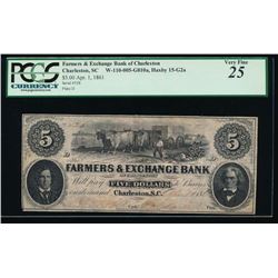 1861 $5 Farmers and Exchange Bank Obsolete Note PCGS 25