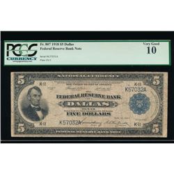 1918 $5 Dallas Federal Reserve Bank Note PCGS 10