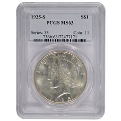 1925-S $1 Peace Silver Dollar Coin PCGS MS63