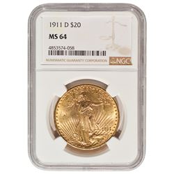 1911-D $20 St Gaudens Double Eagle Gold Coin NGC MS64