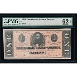 1864 $1 Confederate States of America Note PMG 62EPQ