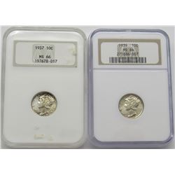 2-NGC Mercury Dimes 1937 MS66, 1939 MS66 10C