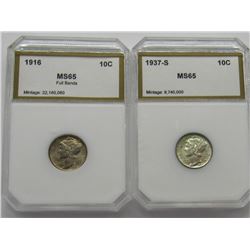 PCI 1916 Mercury Dime MS65 Full bands and a 1937-S